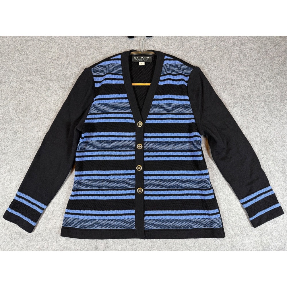 St. John Collection Cardigan Women 4 Black Blue Good Vintage Knit Stripe